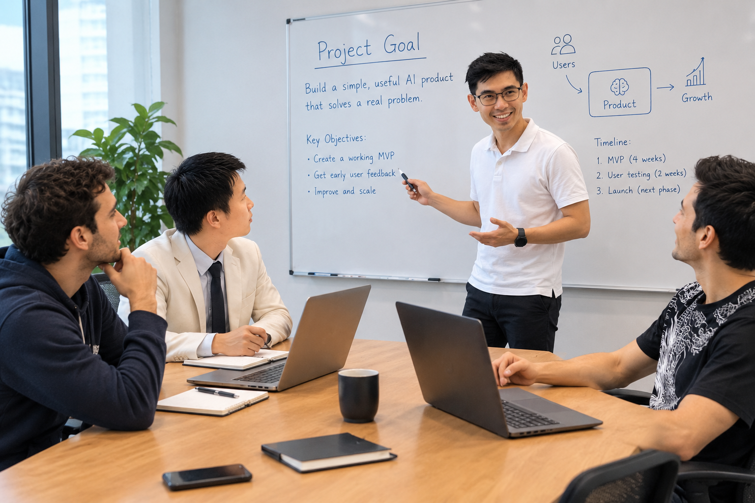 A team collaborating around a whiteboard on an AI product